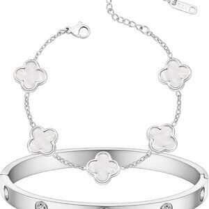 Women's Gold Plated Clover Bracelet Set Small 6.4 inch Lucky Jewelry